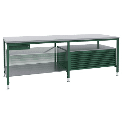 Etabli Type STM-2-SS/8 - plateau de 36 mm d'épaisseur, laminé de mélamine - » Dimensions (LxHxP): 258 x 90 x 94 cm
» avec compartiment de 8...