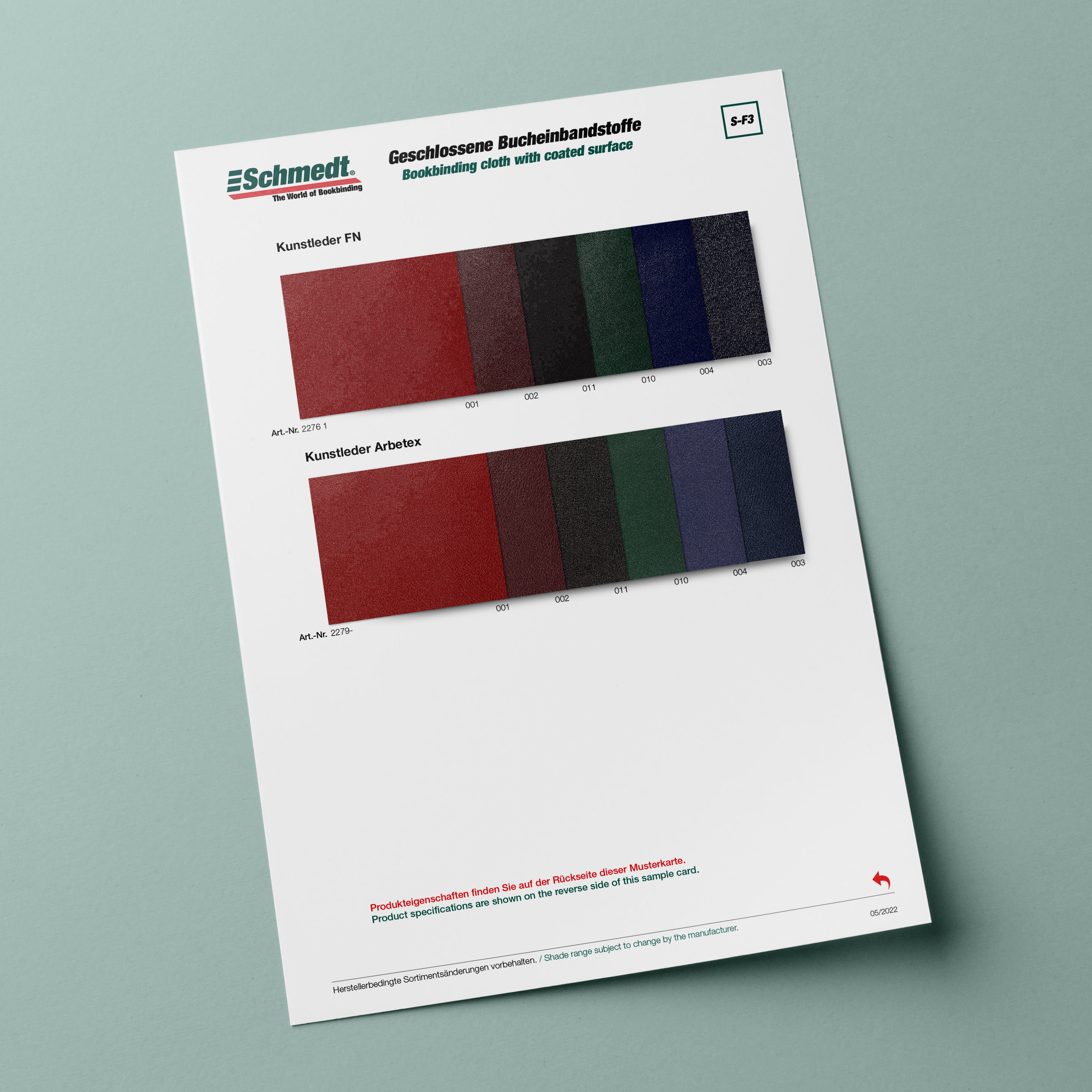 Sample card Leather cloth - Type S-F3 Binding cloth with coated surface... - image-1