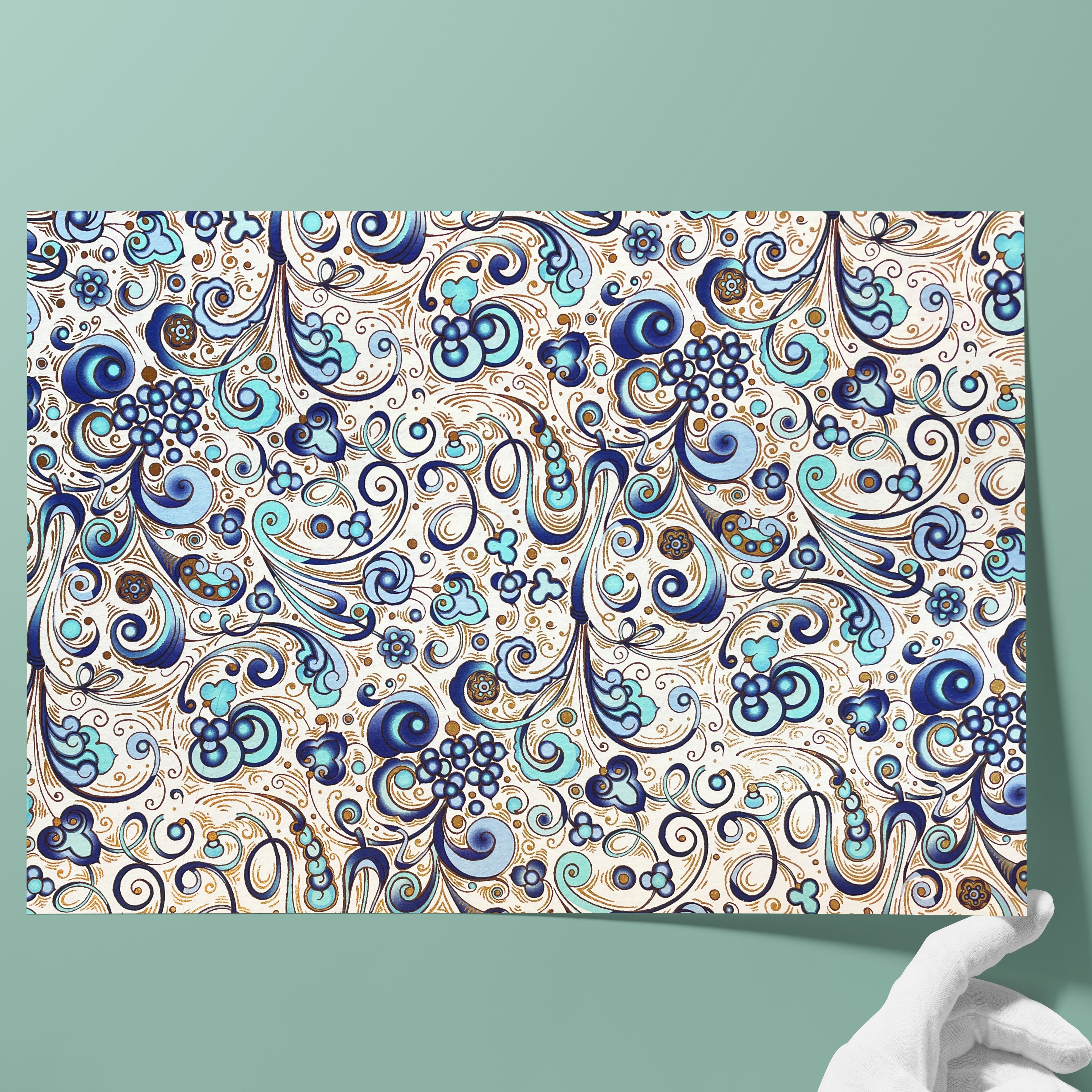 Papel florentino mate - Color 118 - ornamentos de fantasía azules - papel italiano cobertor para libros, cajas y estuches o para forrar el i... - imagen-1