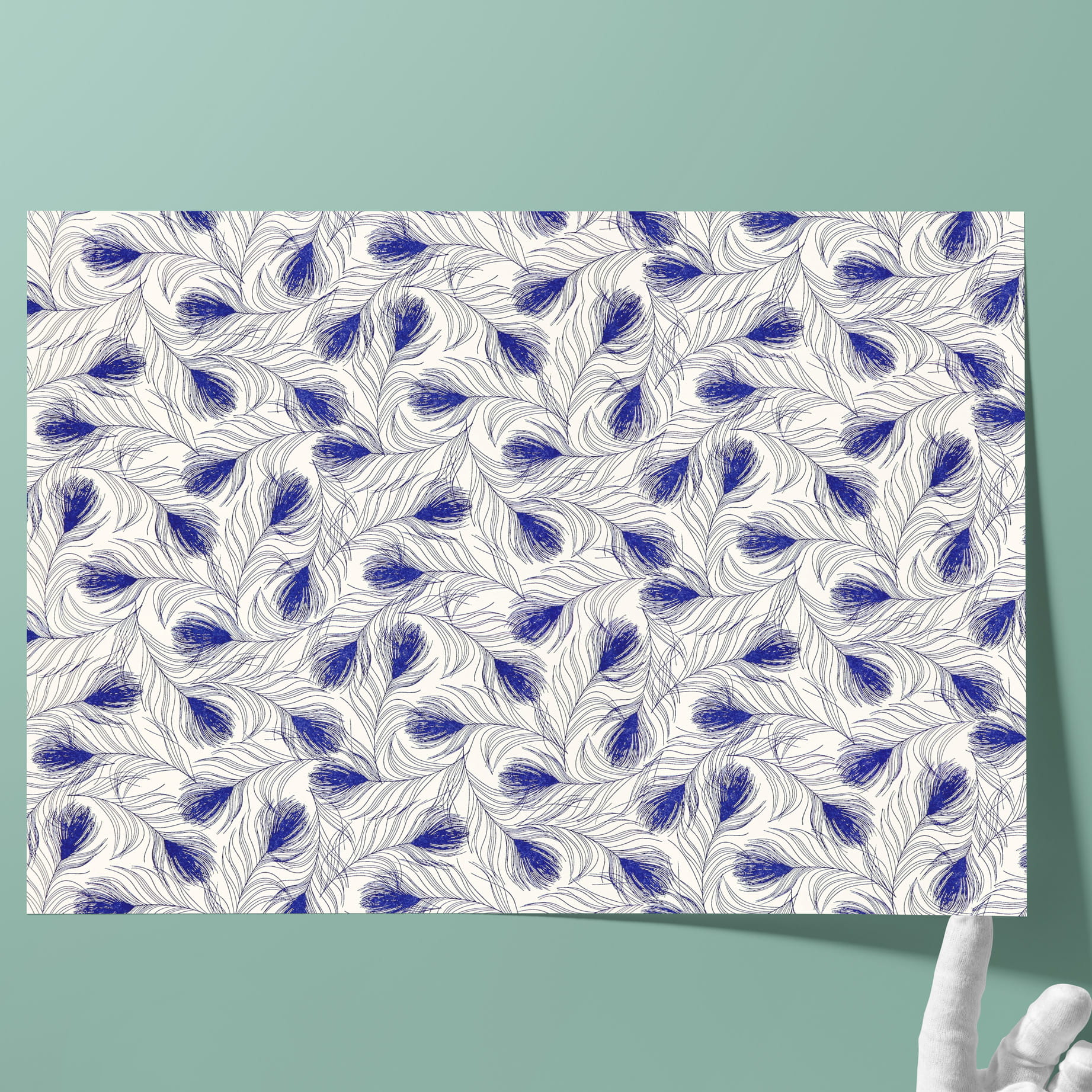 Decorated paper , embossed | Grammage: 120 gsm - Colour 019 - feathers blue - printed paper used as cover paper for books, boxes, cases, pac... - image-2