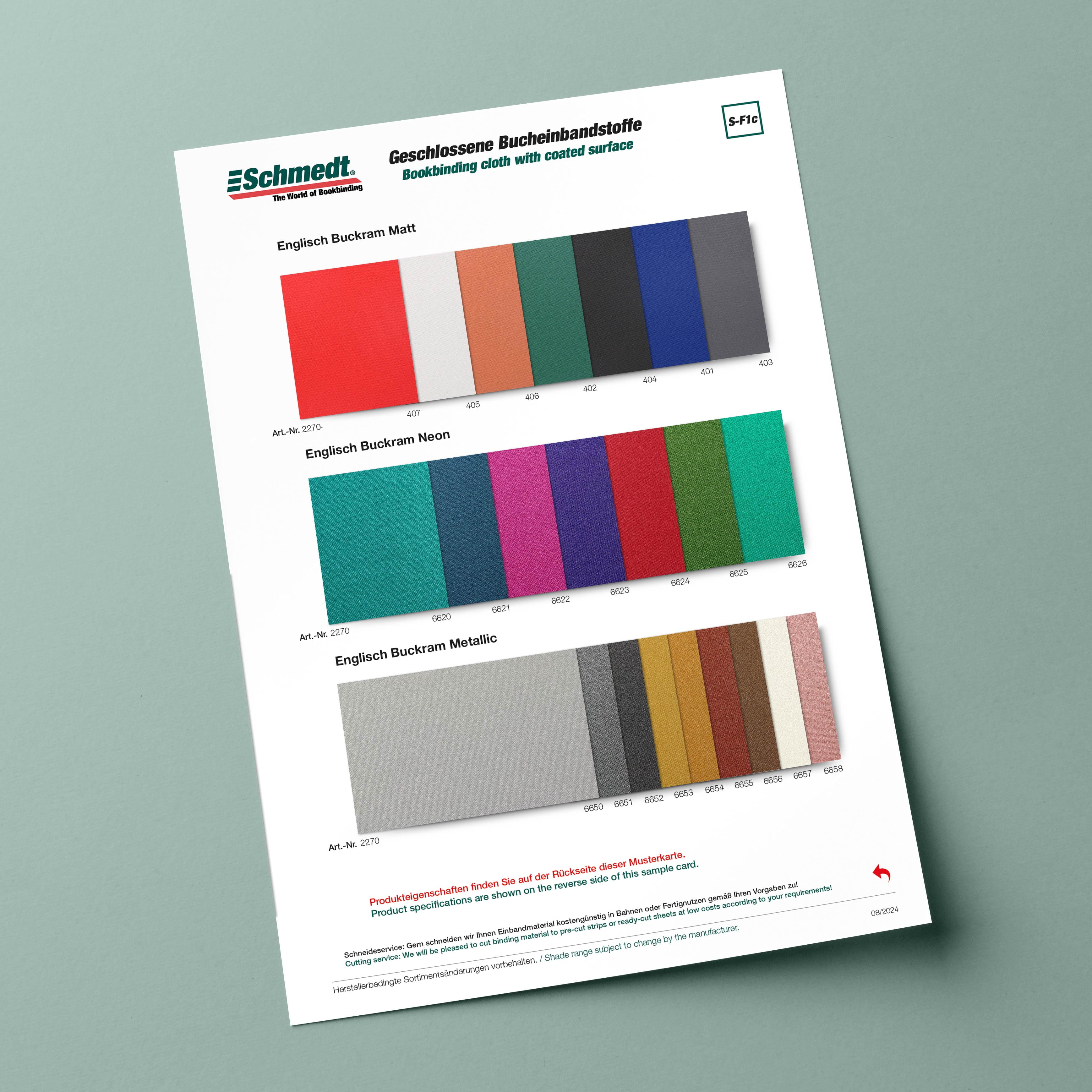 Sample card Englisch Buckram Matt, Metallic, Neon - Type S-F1c Binding cloth with coated surface... - image-1