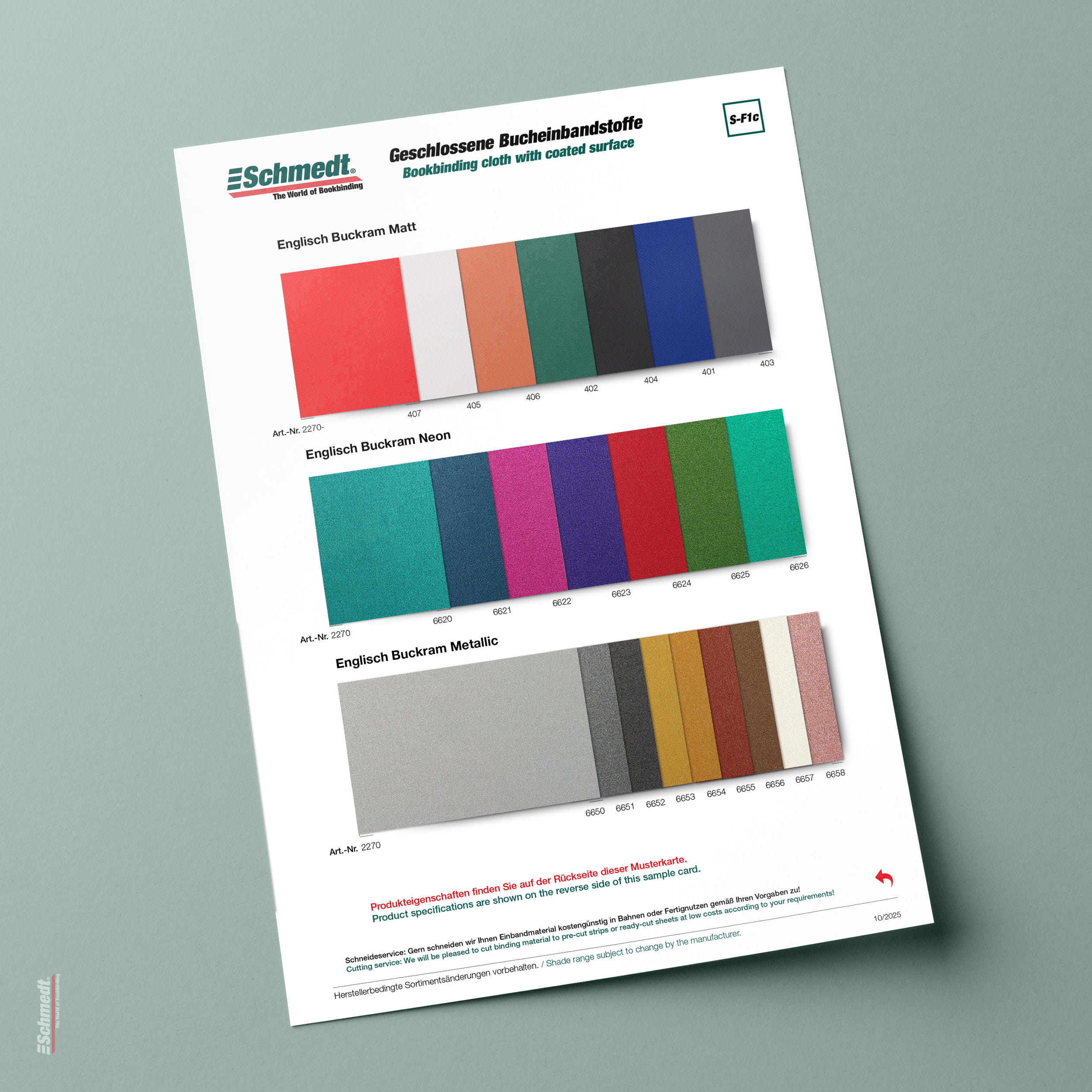 Sample card Englisch Buckram Matt, Metallic, Neon - Type S-F1c Binding cloth with coated surface... - image-1