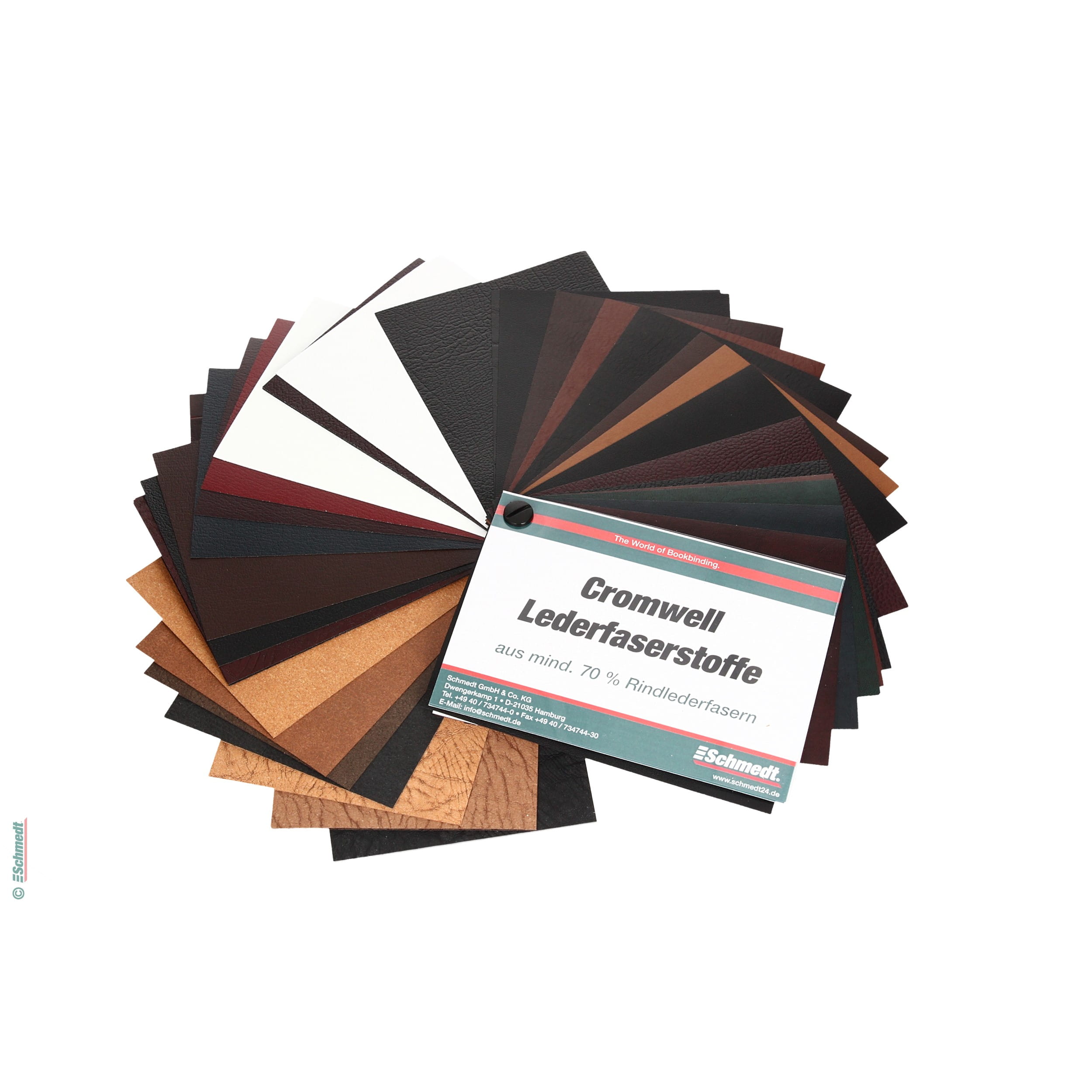 Sample fan Cromwell Bonded leather - 1 sample sheet of all 45 types in size 10 x 14 cm - + Sample cards S-I2, S-I3 and S-I4... - image-1